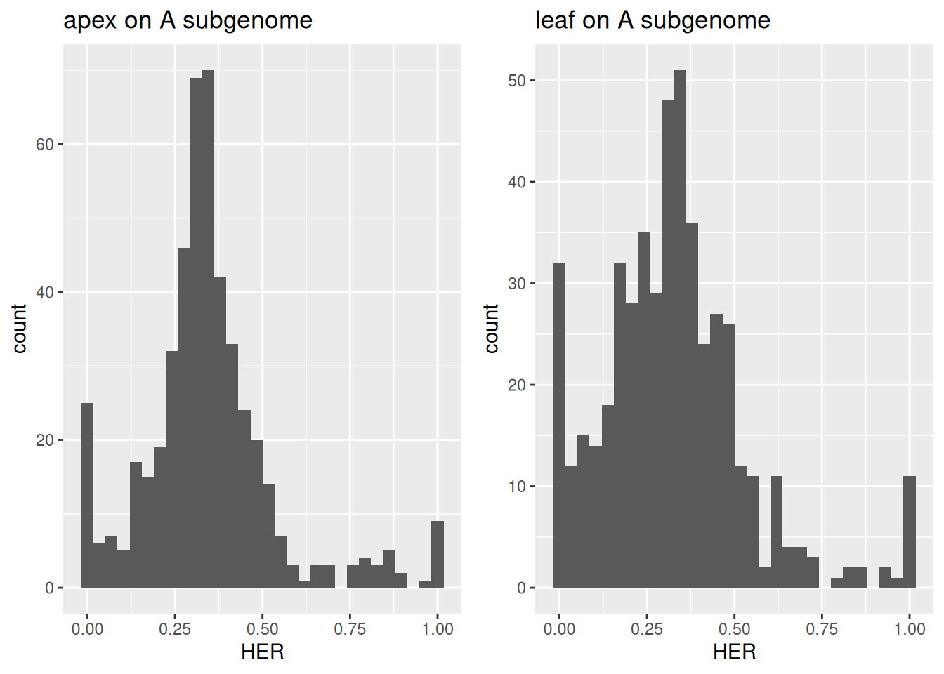 Distribution of homeolog expression ratios between shoot apex and leaf in the A-subgenome of wheat.